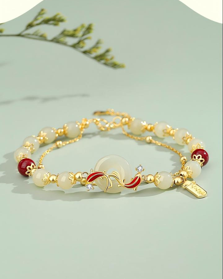 Hetian Jade Artificial Cinnabar Koi Bracelet
